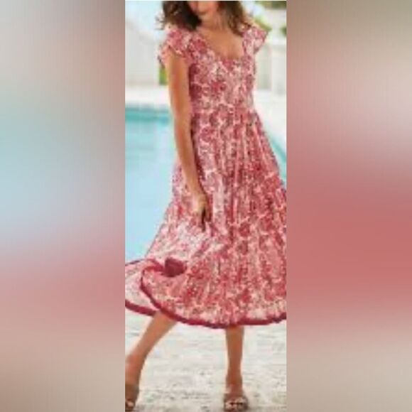 SOFT SURROUNDINGS Kara Dress Red Cream Paisley Tiered Maxi Dress Cap L Large - Picture 2 of 9